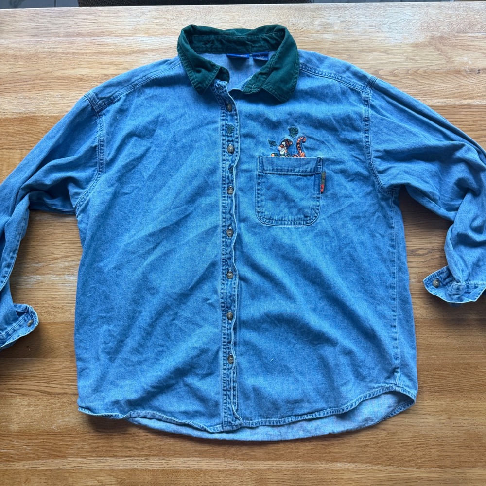 Vintage Disney Pooh Tigger Denim Shirt Corduroy Collar Mens Large Blue Button Up
